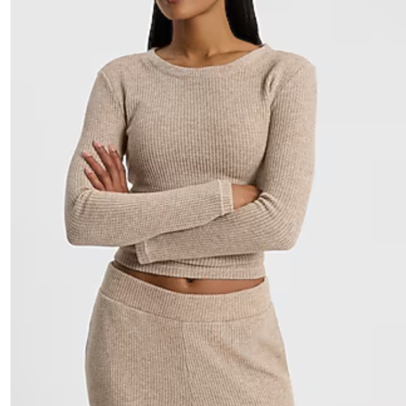Express Tops - Express Glitter Waffle Fitted Crew Neck Long Sleeve Top Size Small Beige